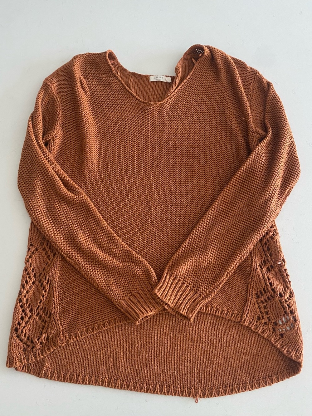 Harper Rust Orange Knit Crewneck Sweater with Lace Side Panels